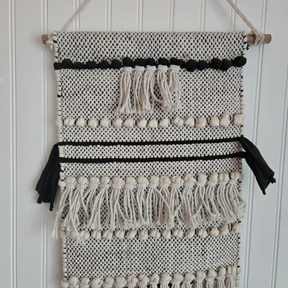 Woven Bohemian Wall Tapestry In Cream And Black